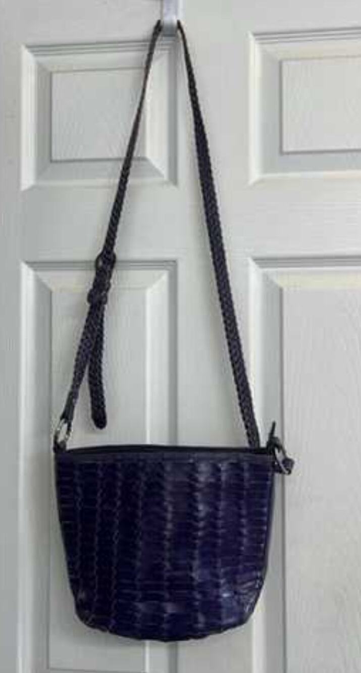 Patricia Nash Vtg Purple Indigo Valbella Leather Zip Woven Bucket Crossbody Bag